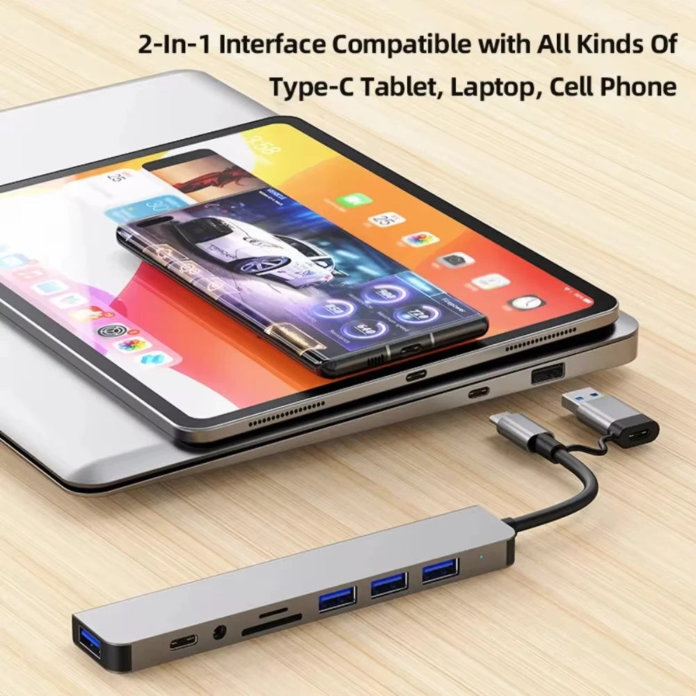 8-in-2 USB Hub Docking Station – USB-C, 3.0, SD/TF Card Reader