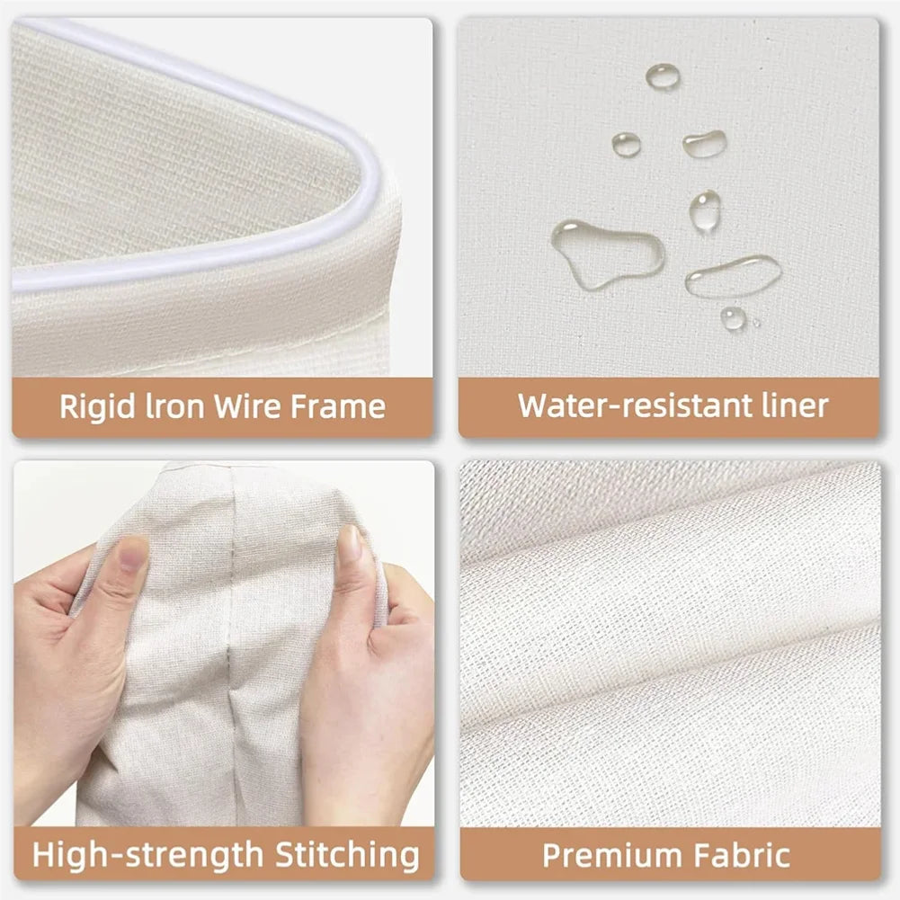 Collapsible Linen Laundry Basket with Wooden Handle