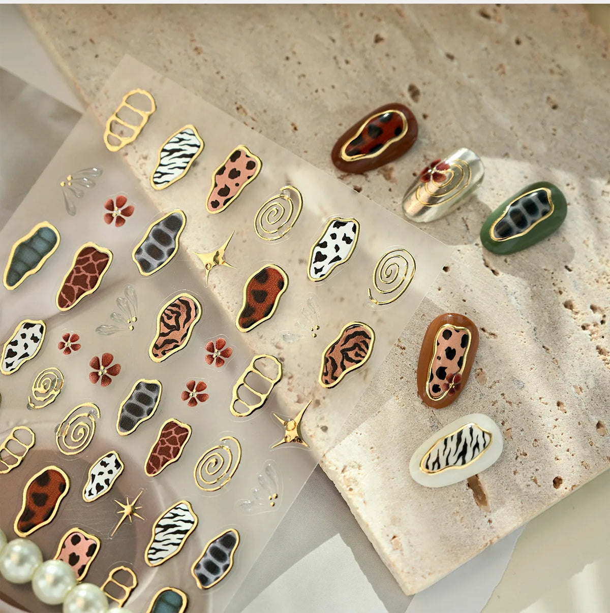 Retro 3D Animal Print Nail Stickers – Gold Leopard & Cow Decals