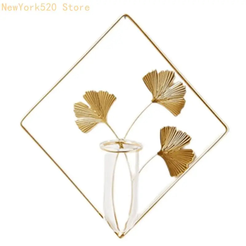 Wall Hanging Geometric Glass Vase with Gold Metal Frame Planter