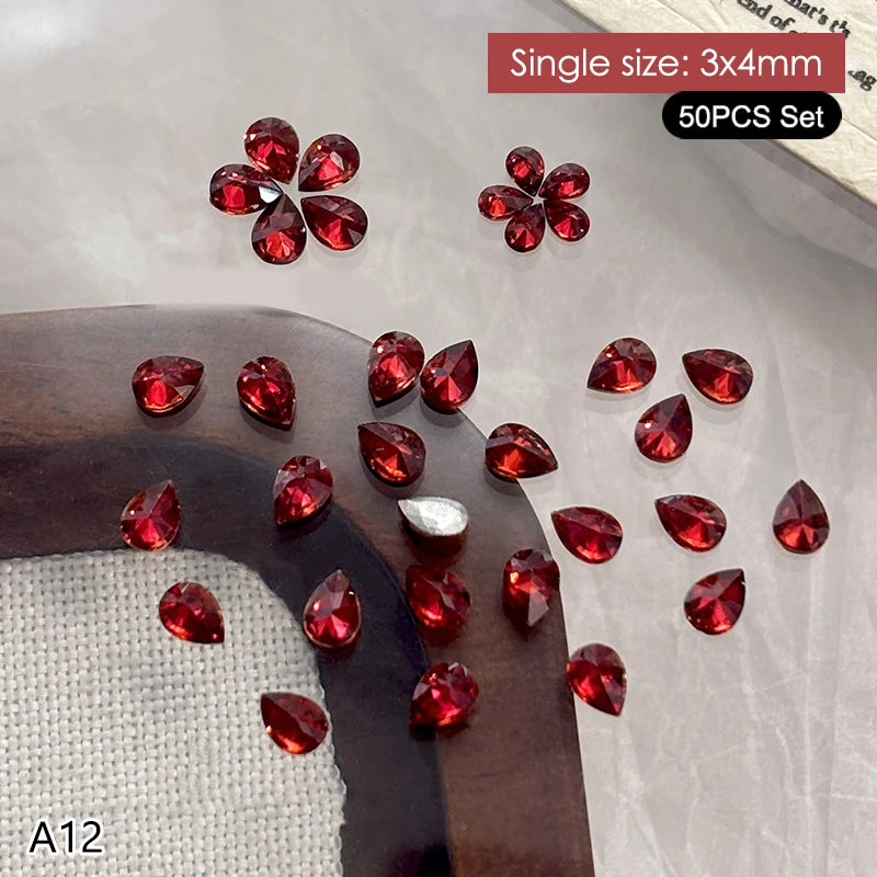 50Pcs Water Drop Zircon Nail Rhinestones 3D Flatback Crystal Gems