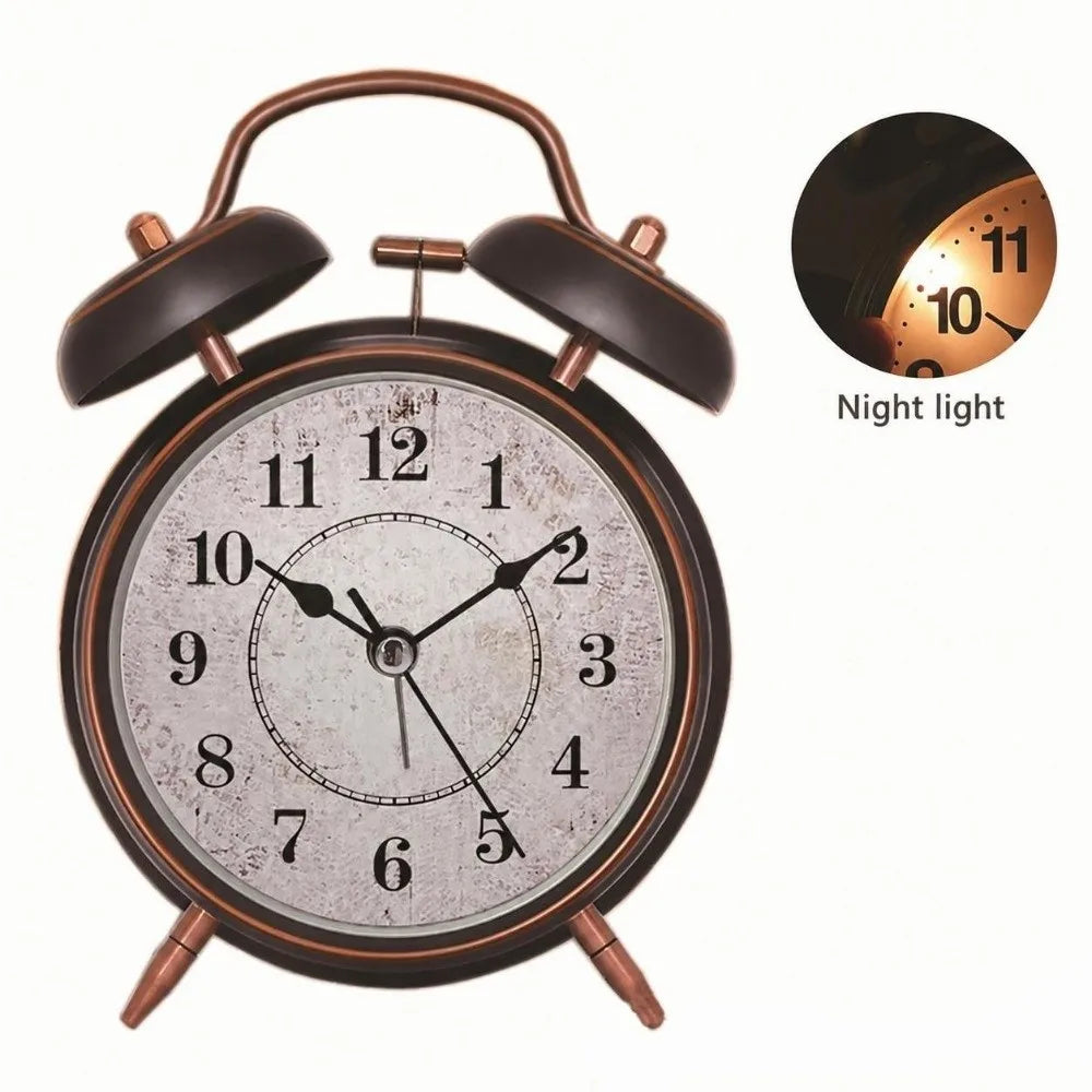 4-Inch Retro Alarm Clock Black & Gold | Night Light & Silent