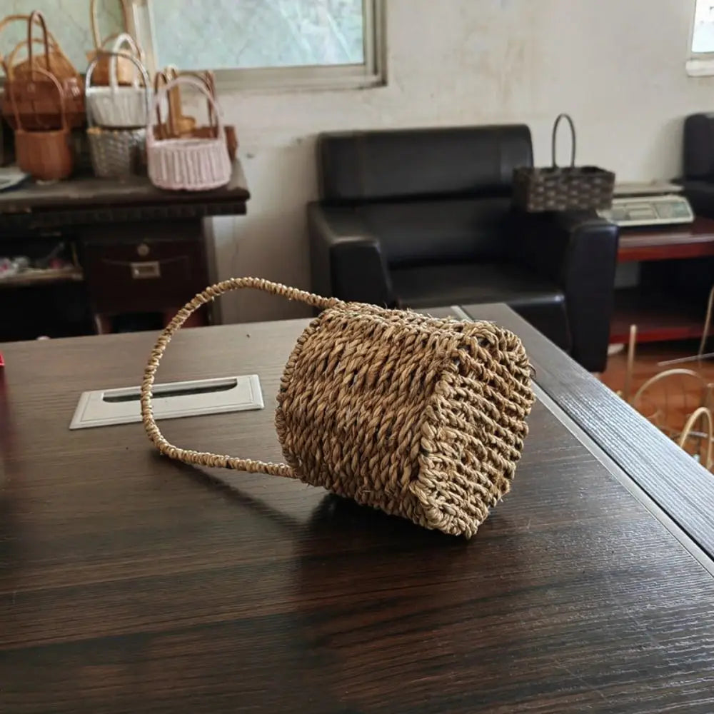 Handwoven Imitation Rattan Storage Basket with Handle – 2 Colors