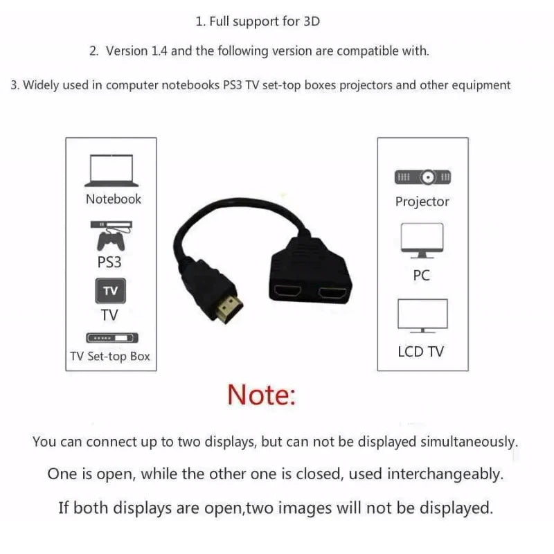 HDMI Splitter Cable 1 In 2 Out 1080p – Gold-Plated Black