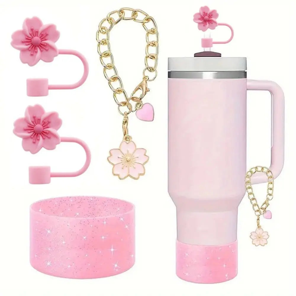 4-Piece Silicone Cup Boot & Straw Cover Set – Cherry Blossom