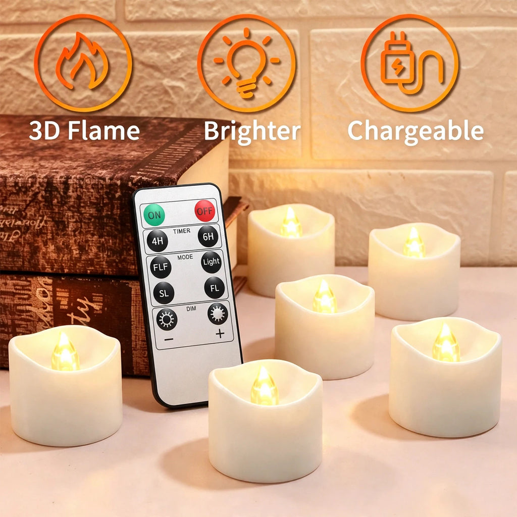 Rechargeable Flameless LED Tealight Candles Remote Timer – 6 Pack