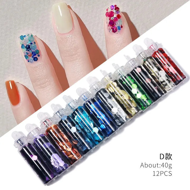 12-Bottle Nail Art Glitter Sequins Set – Face, Hair & Body