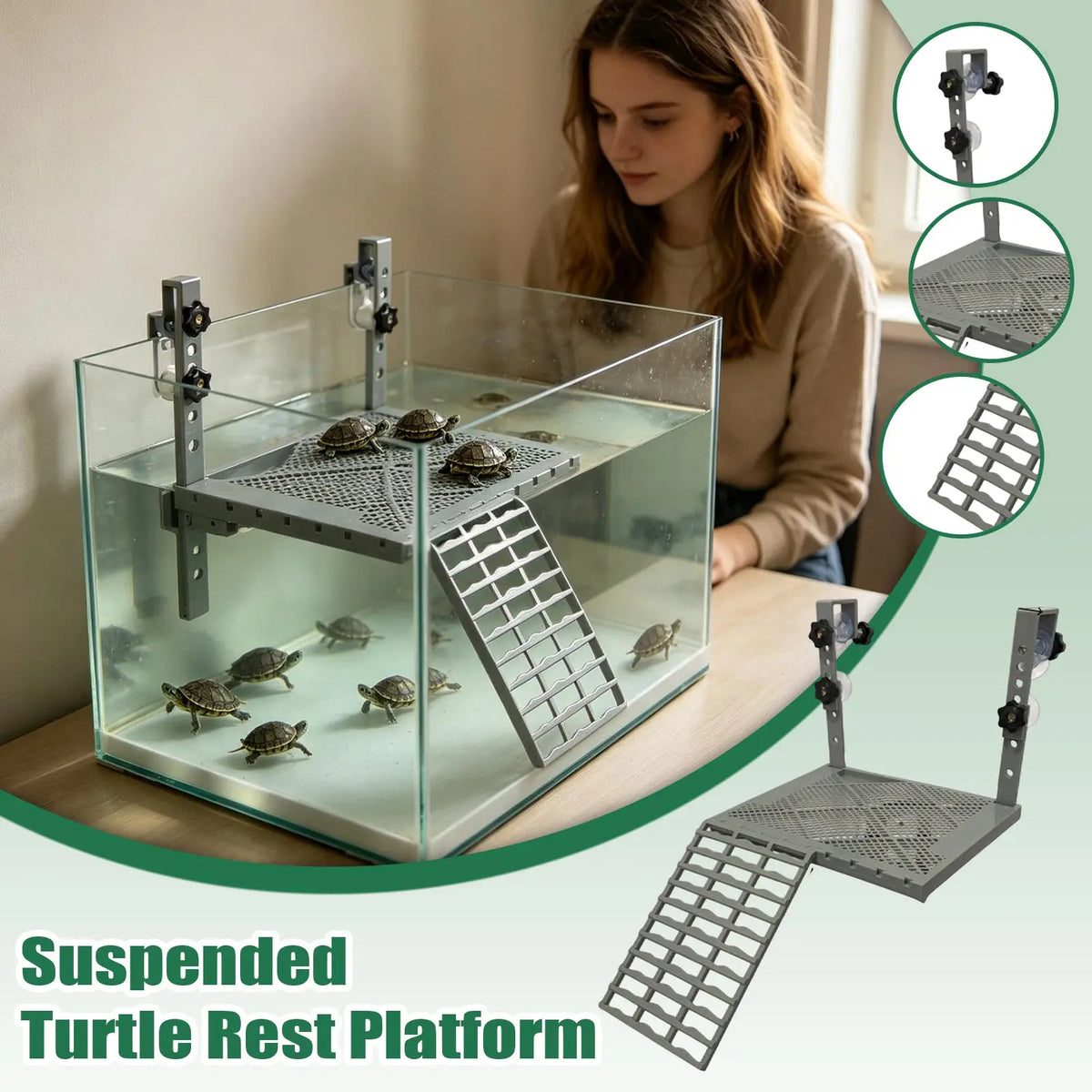 Hanging Turtle Basking Platform with Suction Cups & Non-Slip Ramp