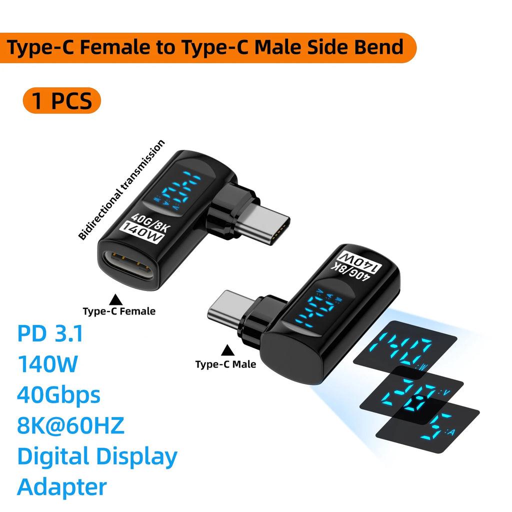 140W USB-C Elbow Adapter Digital Display 40Gbps 8K@60Hz