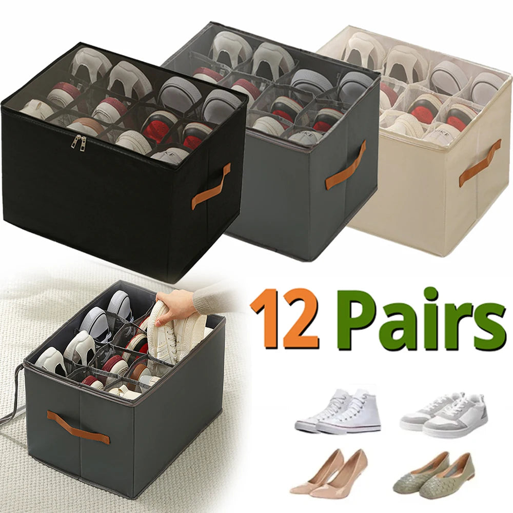 12-Pair Foldable Fabric Shoe Storage Box with Dustproof Cover