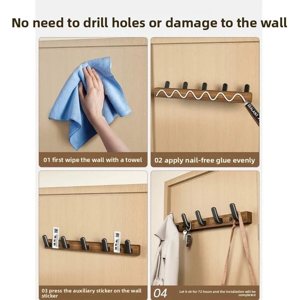 Wall Mounted Walnut Wood Clothes Hook – No Drill Entryway Organizer