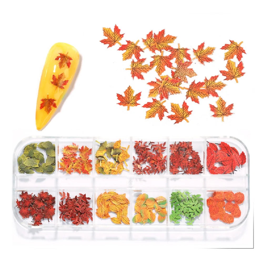 12-Grid Autumn Leaf Nail Sequins & Floral Charm Decoration Set
