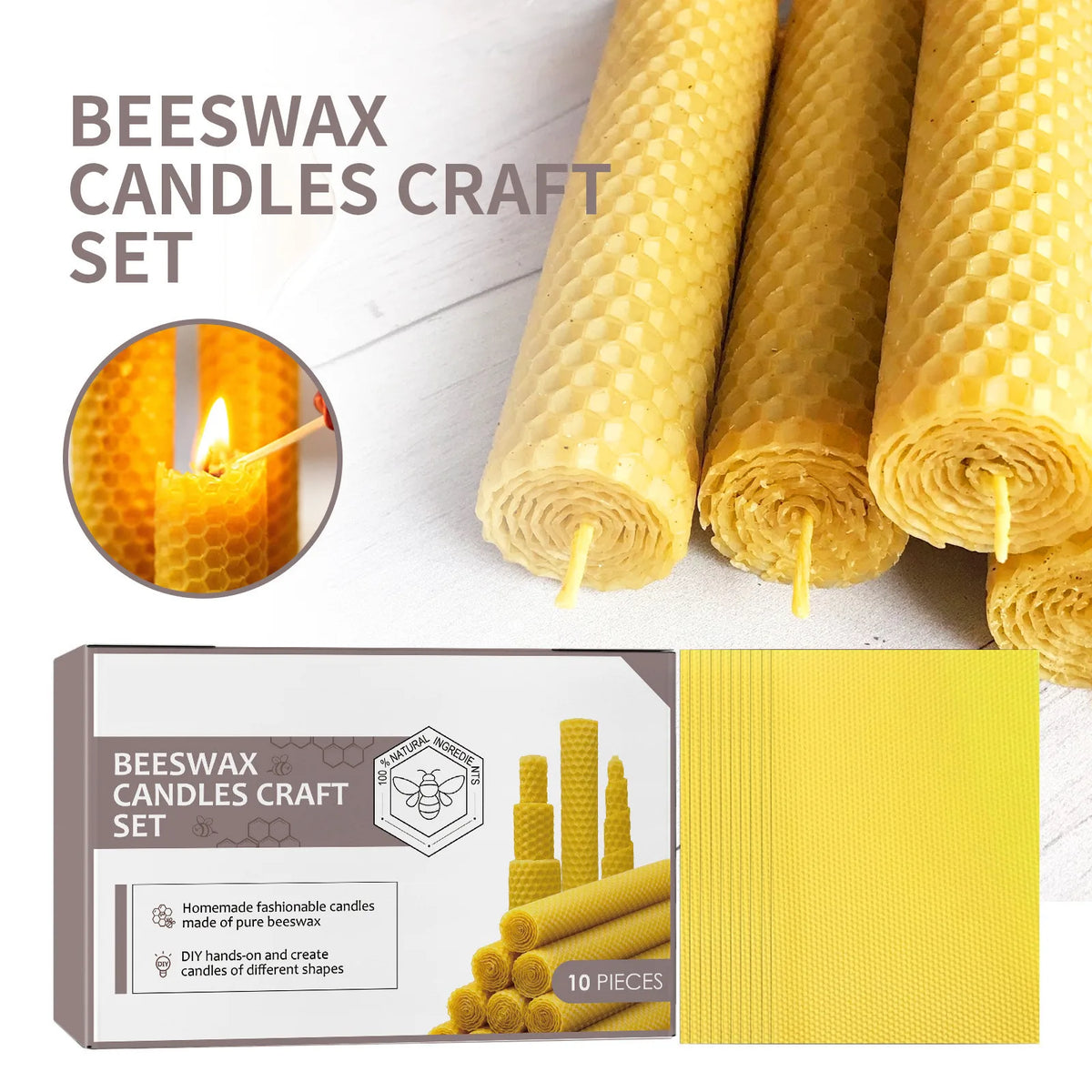 Handmade Beeswax Taper Candles – 10-Piece Honeycomb Roll Set