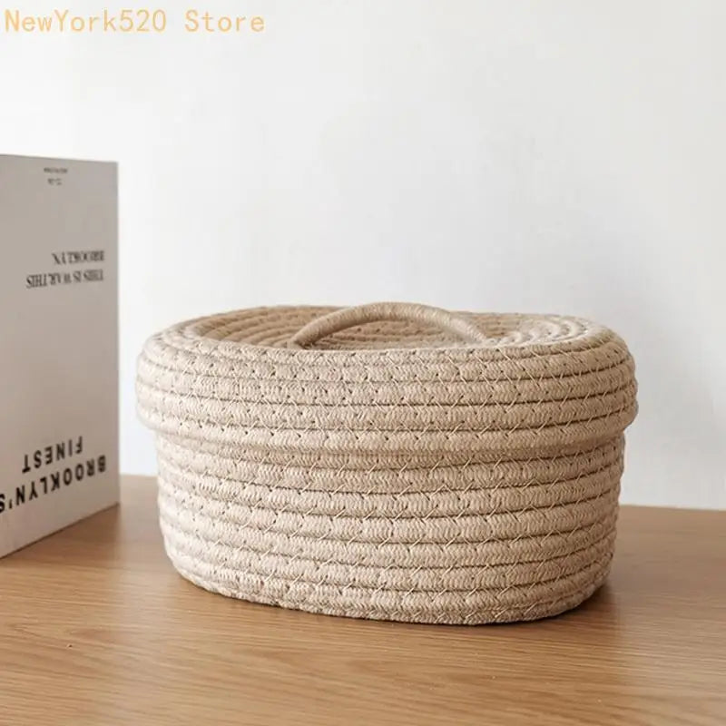 Woven Cotton Rope Oval Storage Box with Lid | Desk Organizer