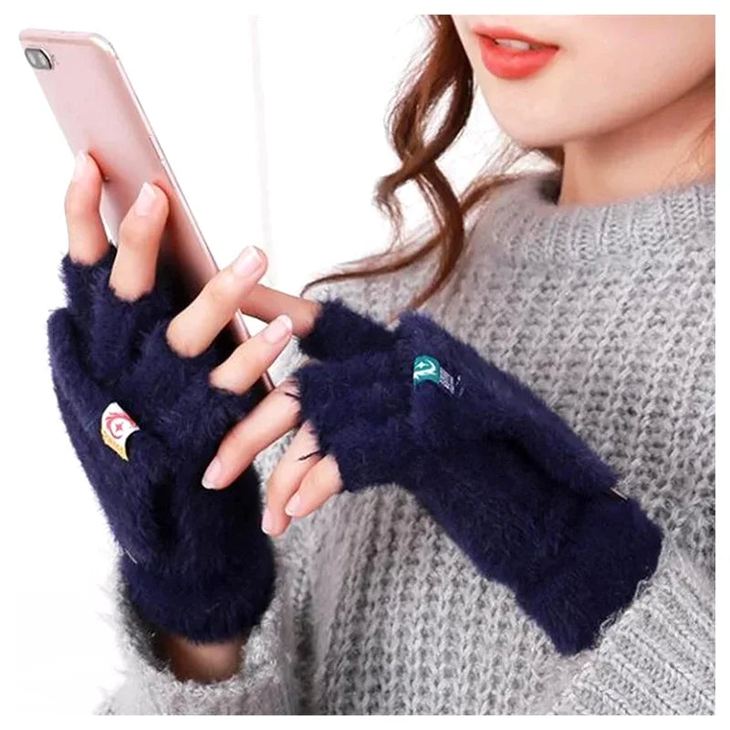 Plush Fingerless Flip Mittens – Warm Knit Winter Gloves