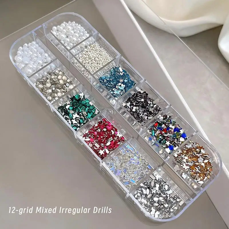 12-Grid 3D Flower Nail Art Charms – Rhinestones & Beads Kit