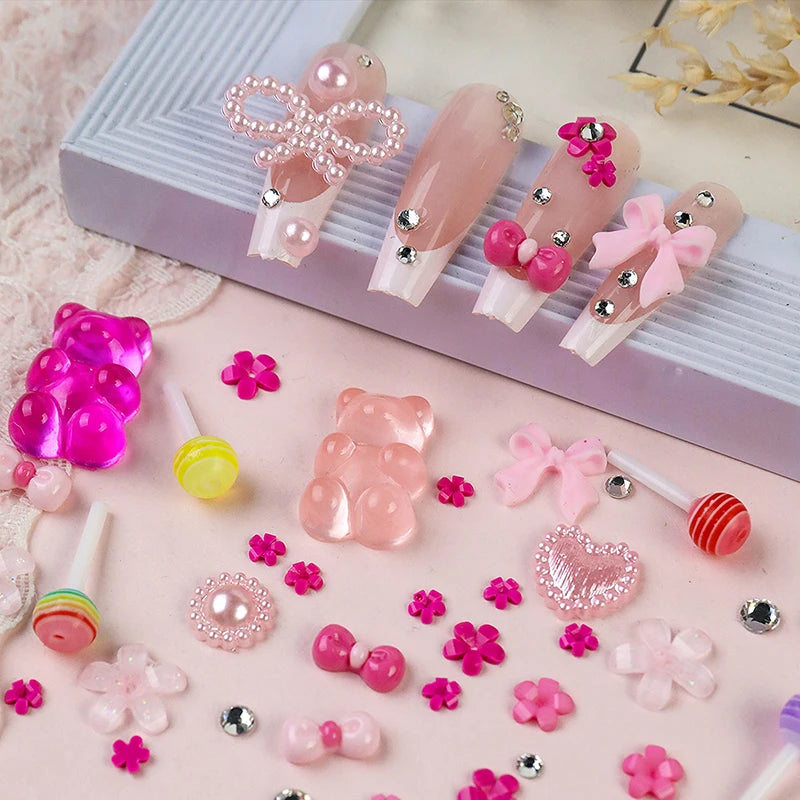 12-Grid 3D Resin Nail Art Charms – Bowknot Bear Heart Flower