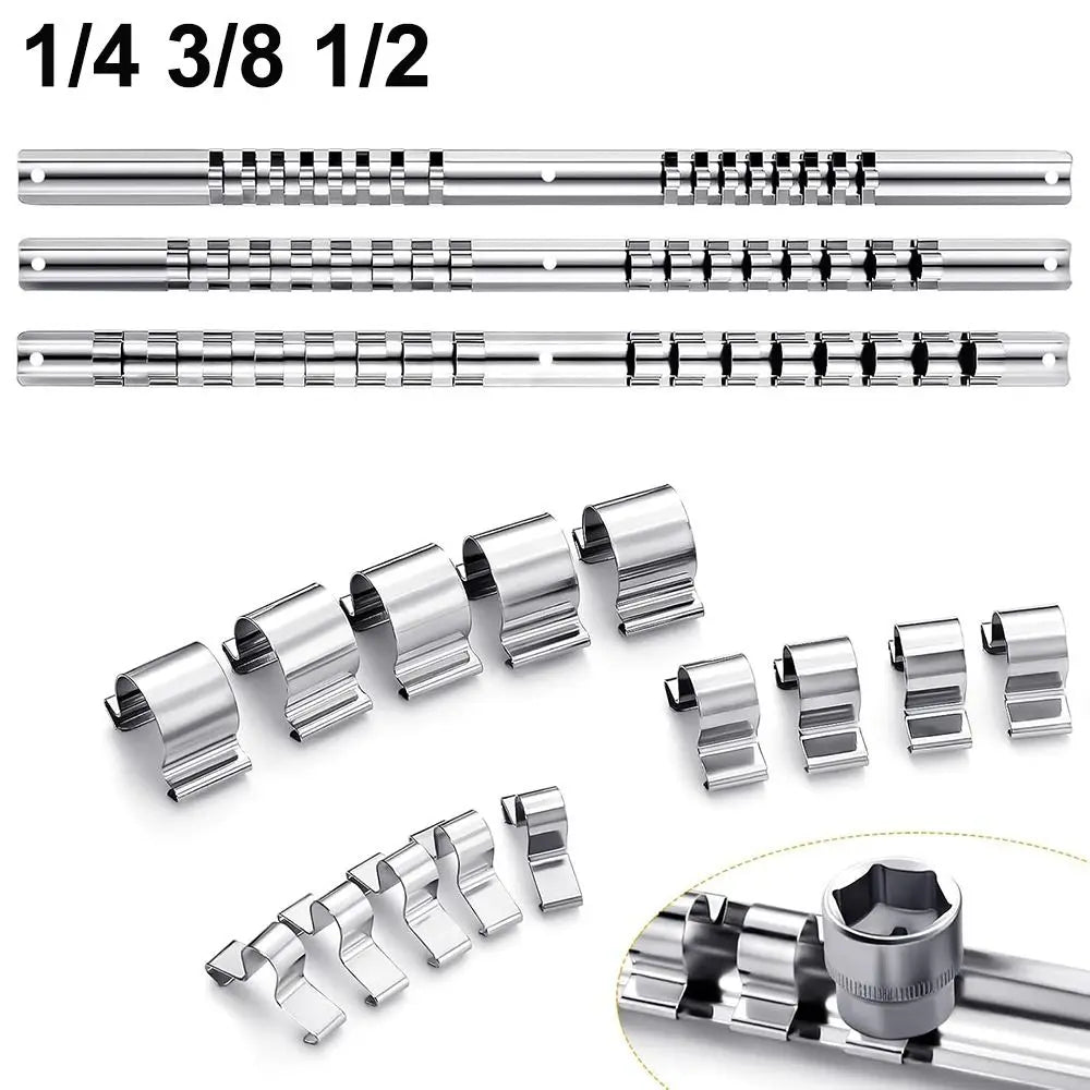 Stainless Steel Socket Storage Rack 16 Clips | 1/4 3/8 1/2"