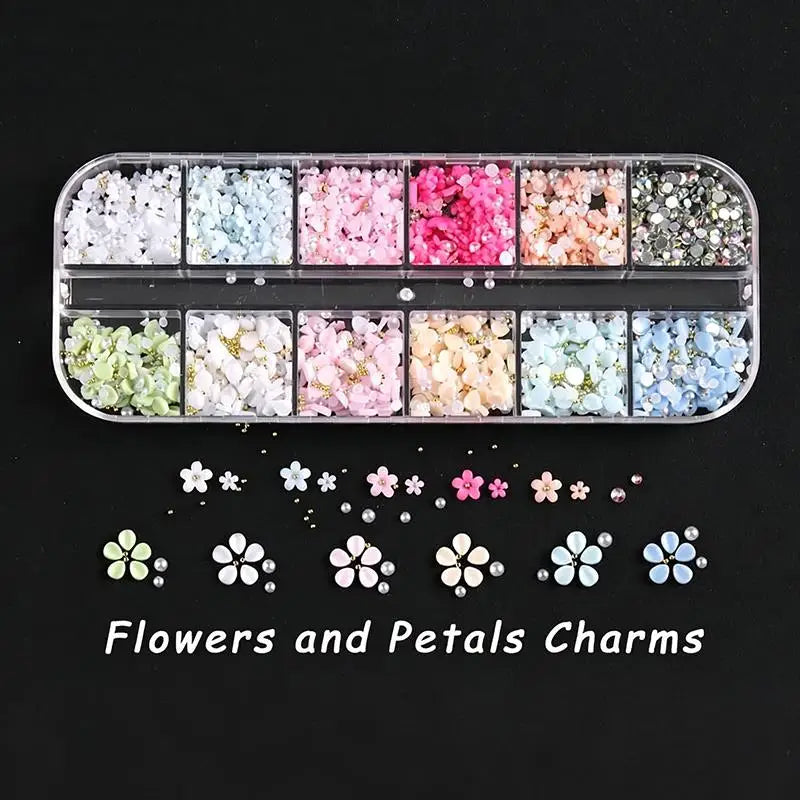 12-Grid 3D Flower Nail Art Charms – Rhinestones & Beads Kit