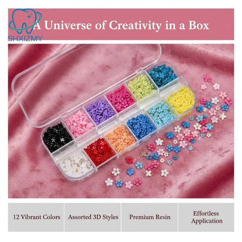 12-Grid 3D Flower Nail Art Charms – Rhinestones & Beads Kit