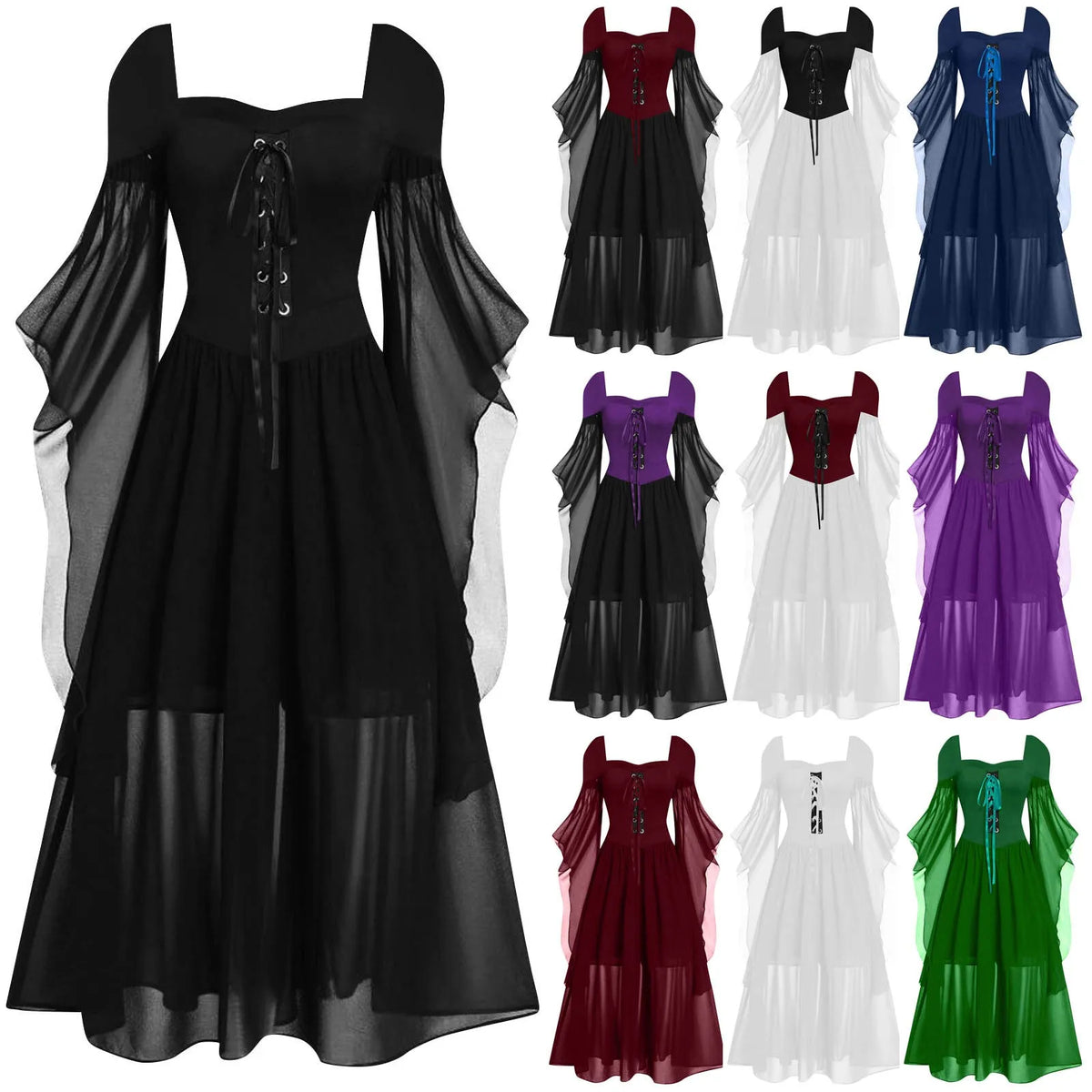 Women Gothic Off Shoulder Lace-Up Tiered Maxi Dress Halloween