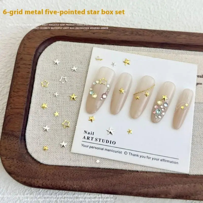 6-Grid Nail Art Rhinestones Gold Silver Charms Rivet Kit