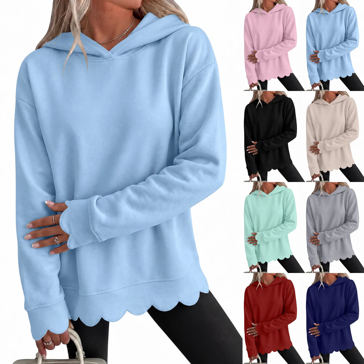 Women's Scallop Hem Hoodie Loose Long Sleeve Pullover Sweatshirt