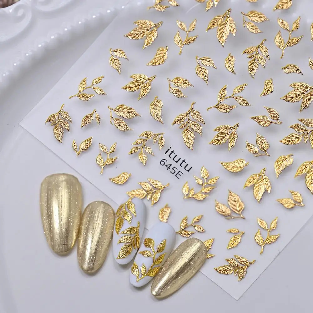 Gold Silver Leaf Nail Stickers – 3D Embossed Self-Adhesive Decals