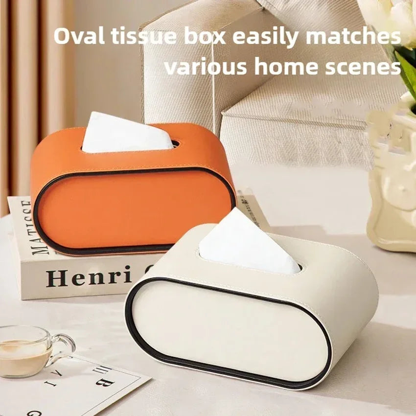 Luxury Oval Leather Tissue Box Cover – Modern Desktop Holder
