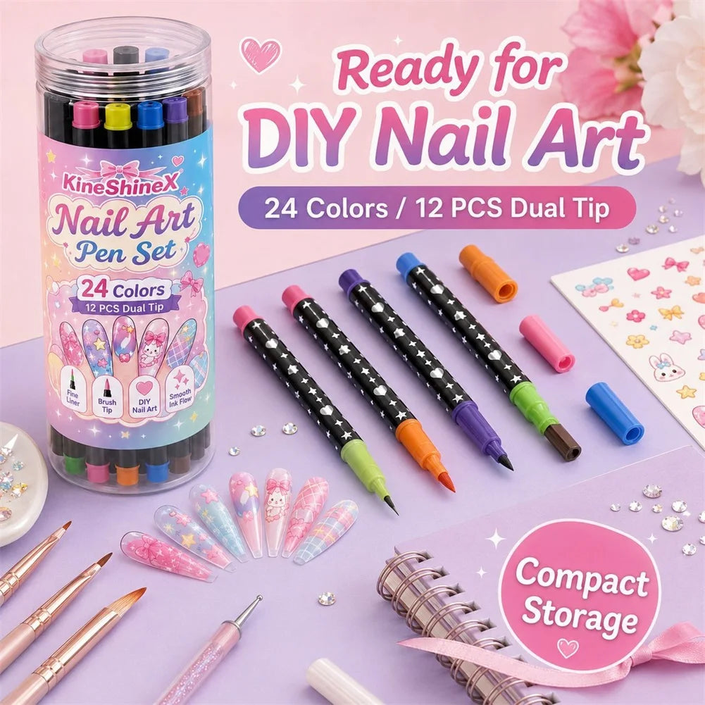 KRIATH 24-Color Dual-Tip Nail Art Pen Set – 12 Pcs Fine Liner