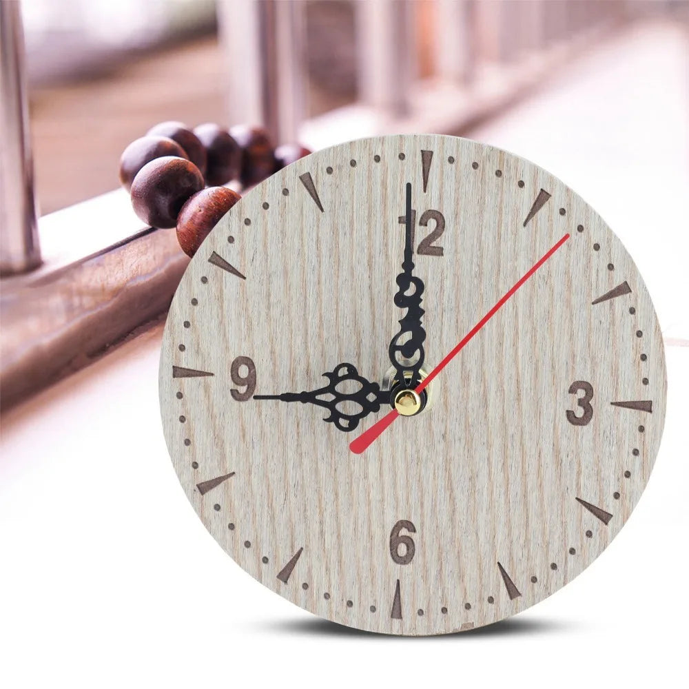 Retro Wooden Wall Clock Silent Quartz 12cm Vintage Round