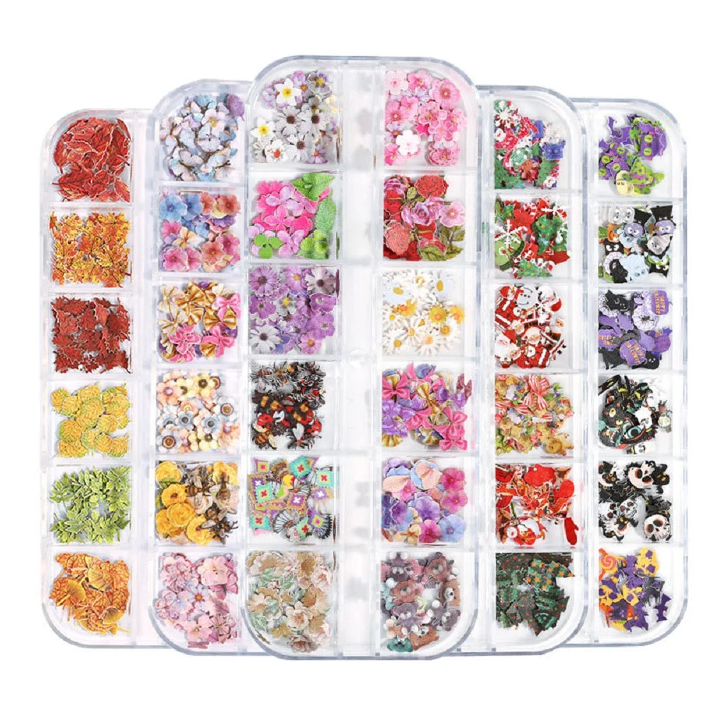12-Grid Autumn Leaf Nail Sequins & Floral Charm Decoration Set