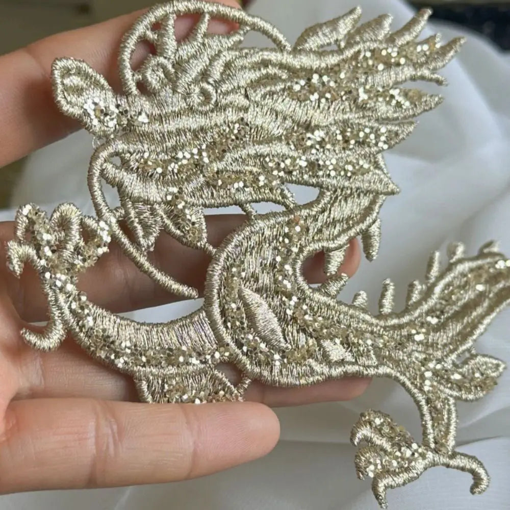 Chinese Dragon Embroidered Sequin Patch Gold Appliqué 2-Pack