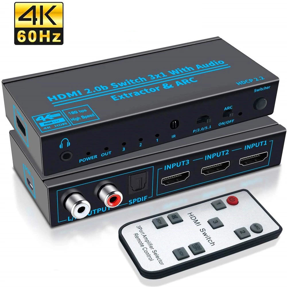 4K 60Hz HDMI 3x1 Switch Audio Extractor ARC SPDIF Toslink