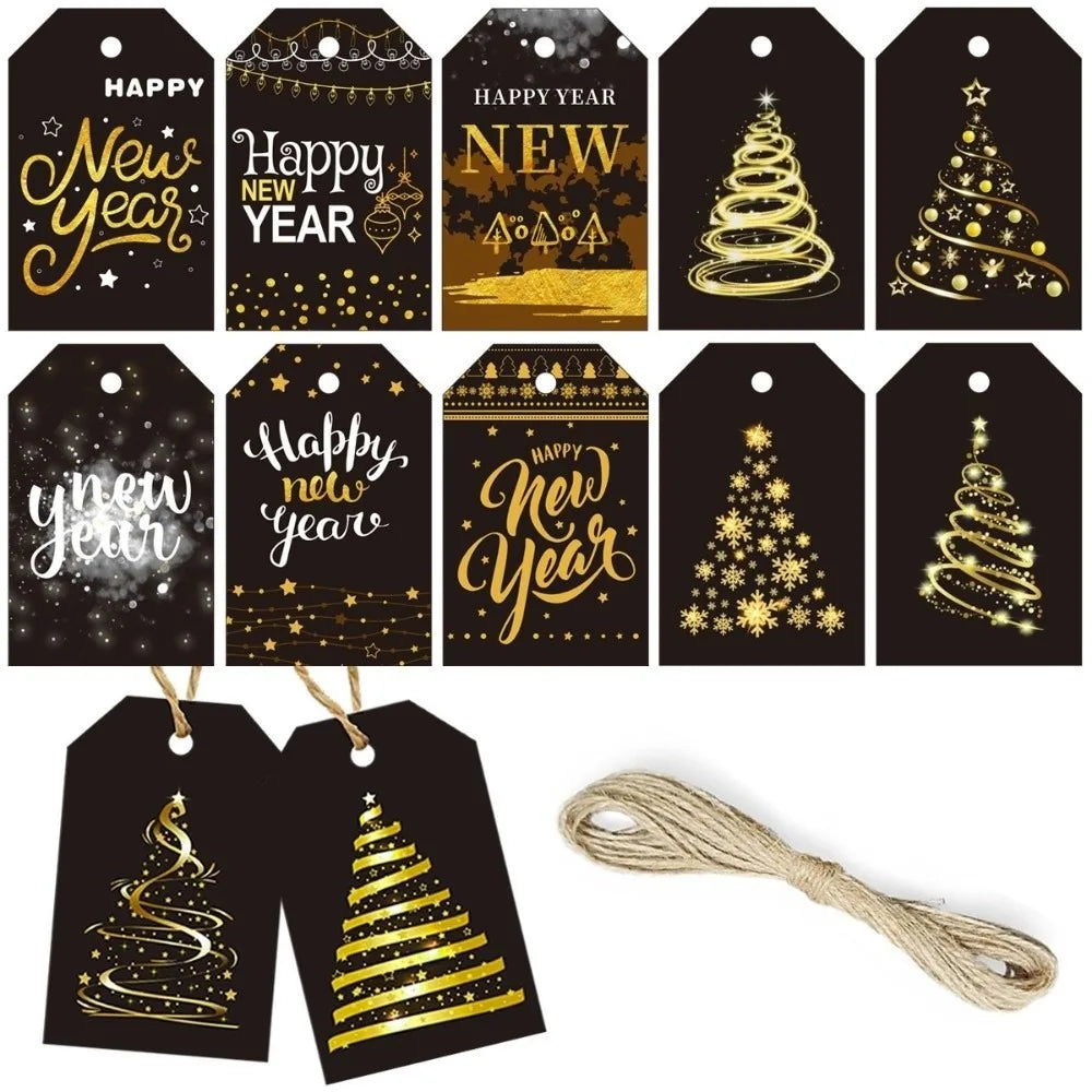 24pcs Black Gold Christmas Gift Tags with Hemp Rope
