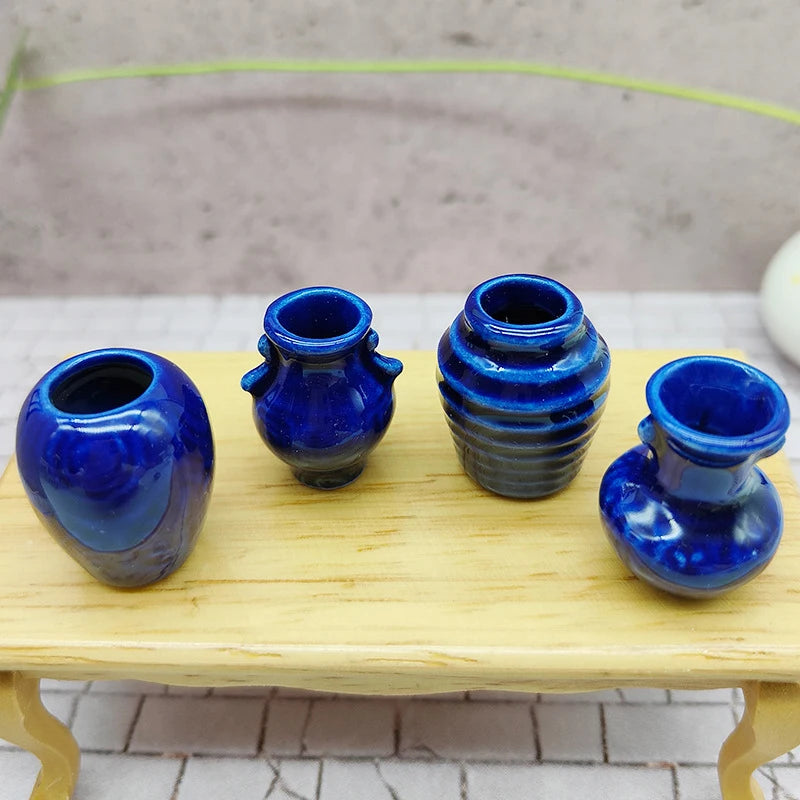 4Pcs 1:12 Dollhouse Mini Ceramic Blue Vase Jars Miniature Décor