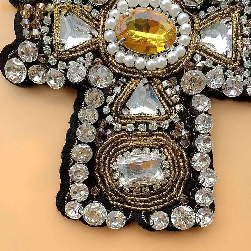 Rhinestone Cross Patch Large Sew-On DIY Clothes Badge