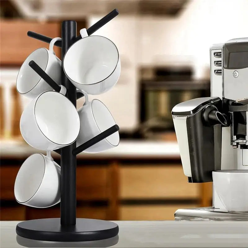 Bamboo Coffee Mug Tree 6 Hooks – Black Countertop Cup Holder
