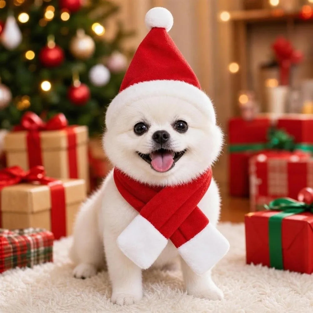 Christmas Dog & Cat Scarf Hat Set – 2 Pcs for Small Pets