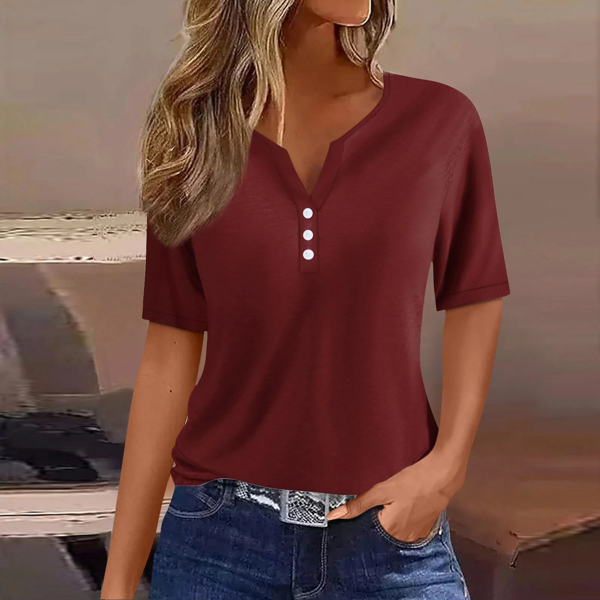 Women's V-Neck Button T-Shirt Loose Casual Top Plus Size S–XXXL
