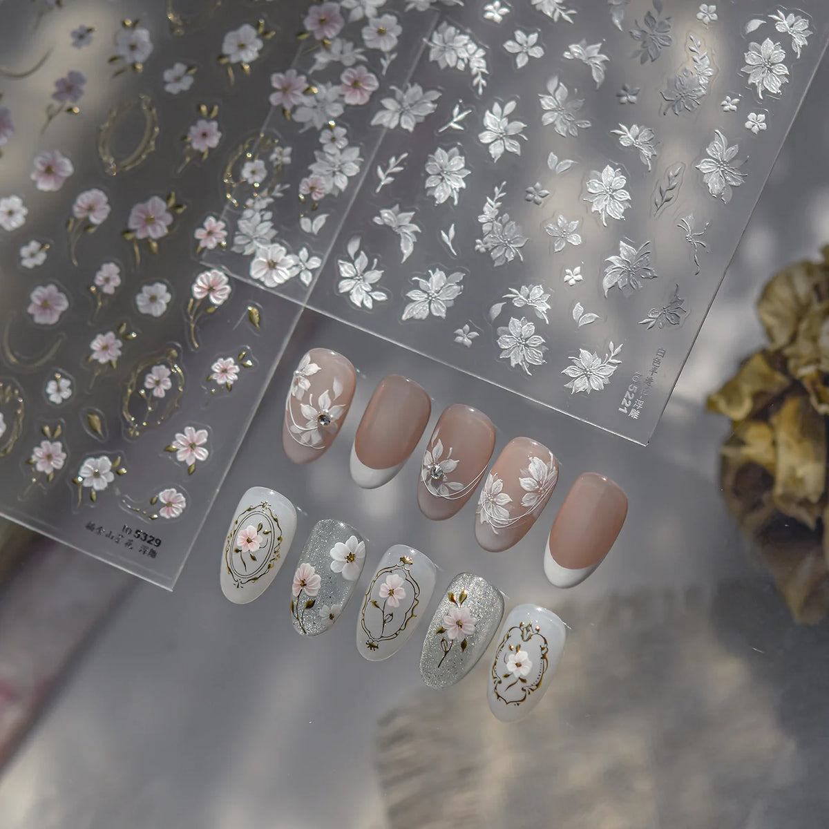 3D Gilded Camellia Flower Nail Art Stickers – Luxury White
