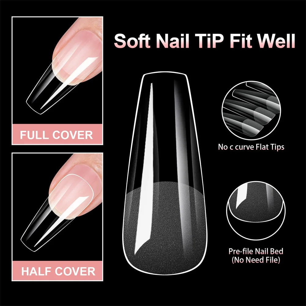100pcs Clear Coffin Fake Nails Pre-Etched Full Cover Tips