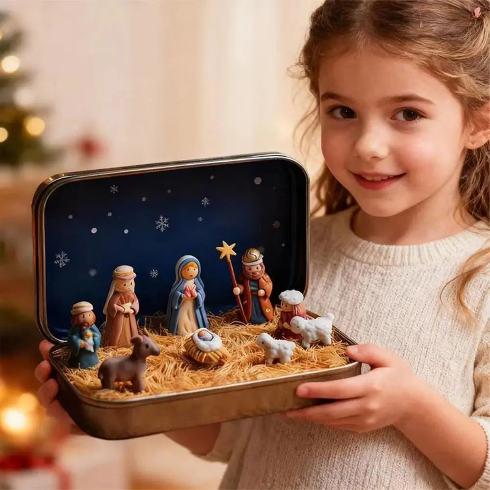 Mini Christmas Nativity Figurine Set with Tin Box | Resin Scene