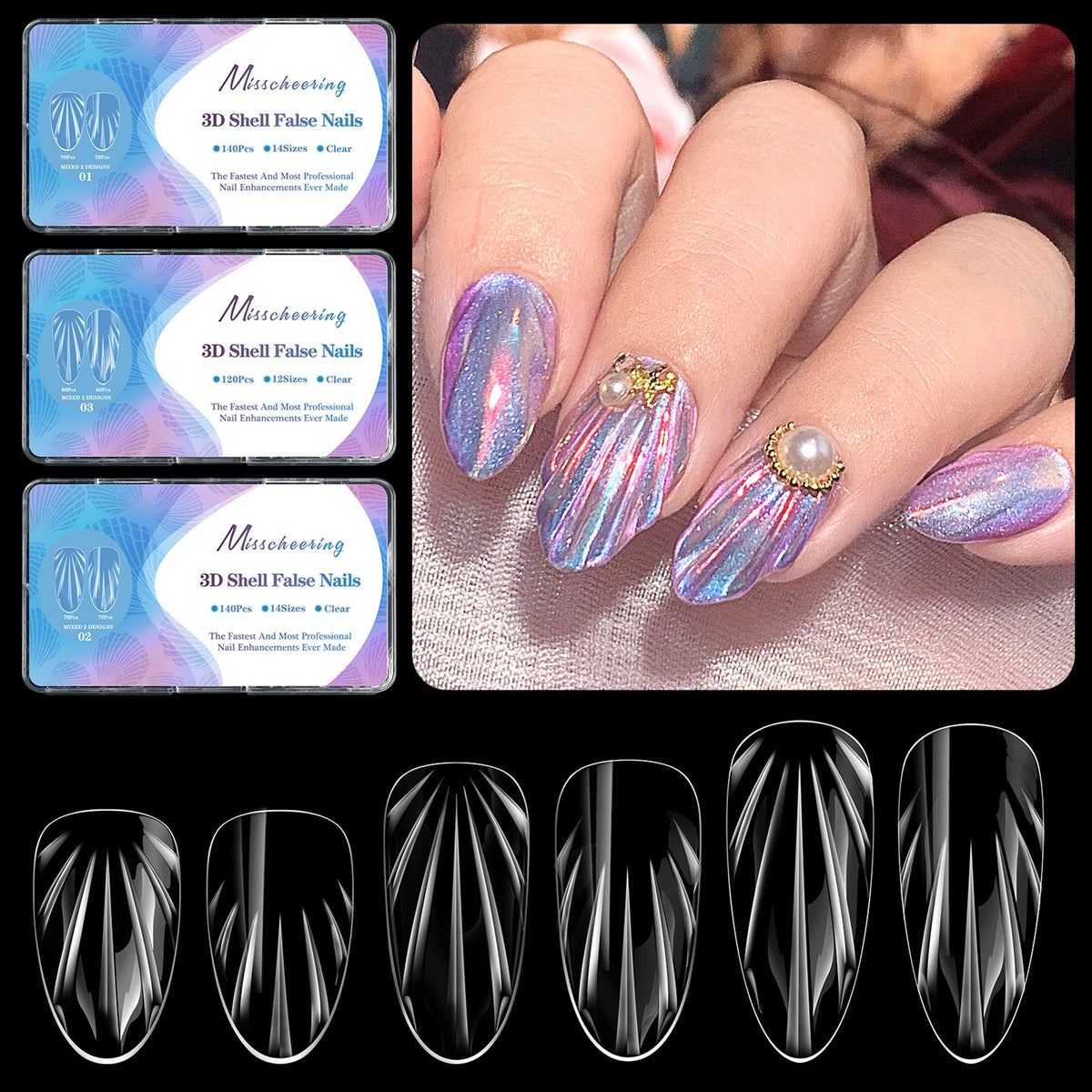 140pcs 3D Shell Press-On Nails Iridescent Rhombus Almond