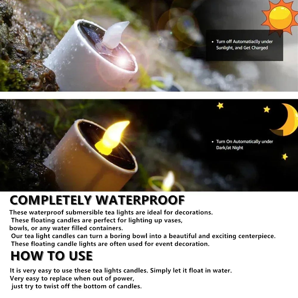 6-Pack Solar Flickering Tea Lights – Flameless Waterproof LED Candles