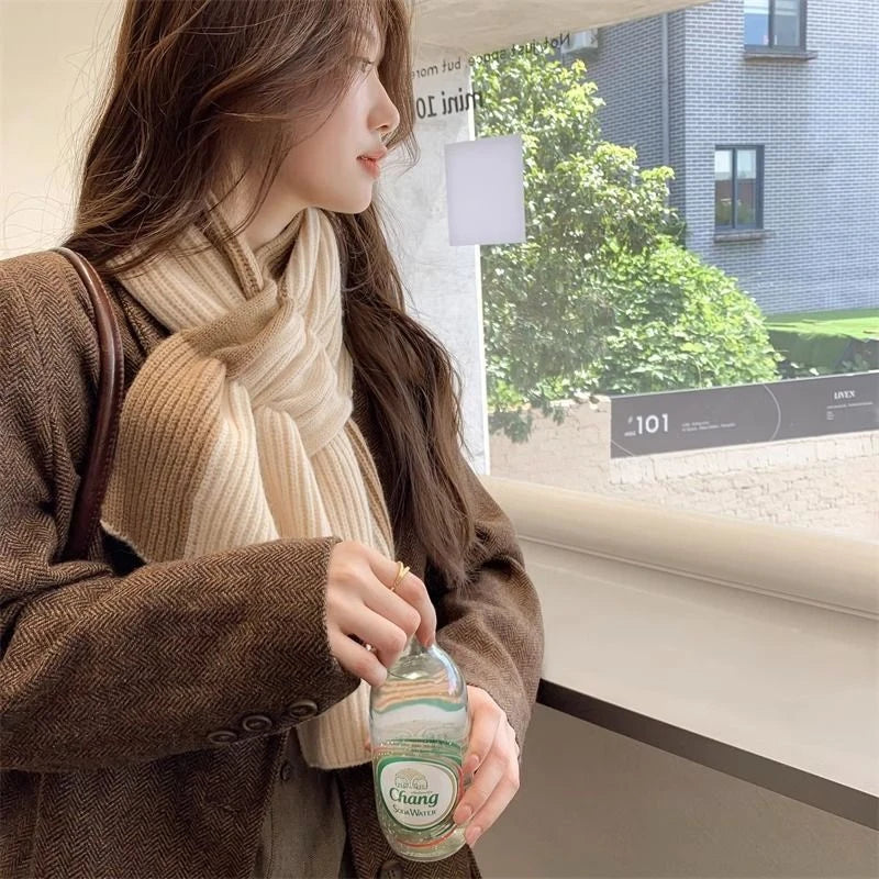 Korean Knitted Scarf for Women – Patchwork Winter Wrap