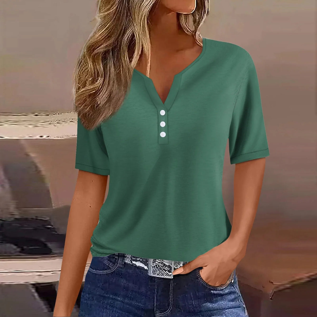 Women's V-Neck Button T-Shirt Loose Casual Top Plus Size S–XXXL