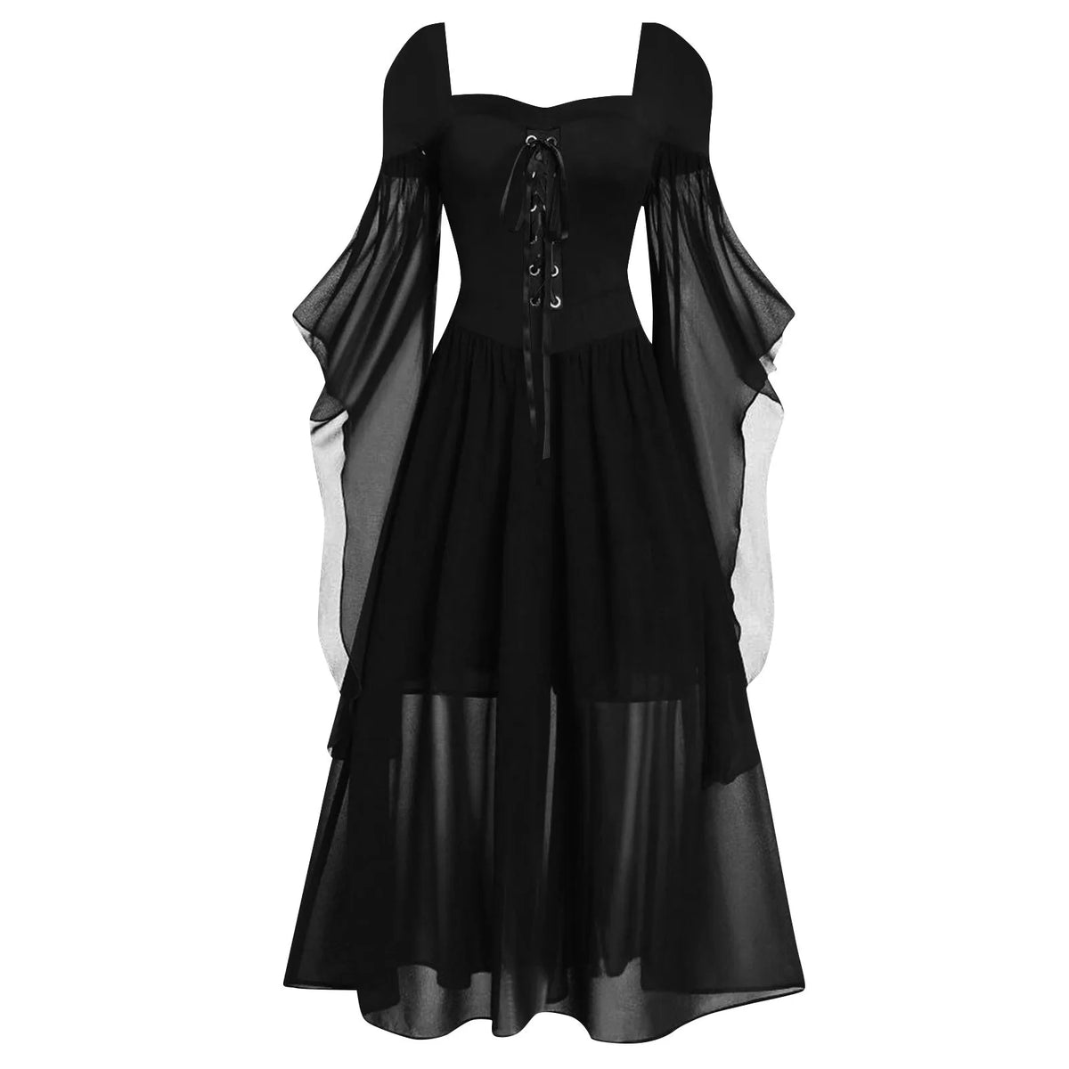 Women Gothic Off Shoulder Lace-Up Tiered Maxi Dress Halloween