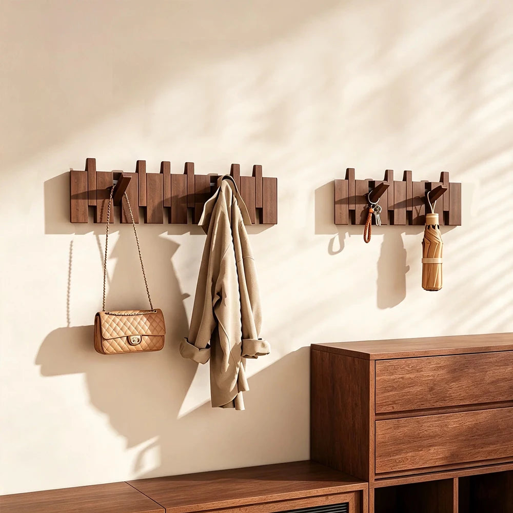 Wall Mounted Wooden Coat Rack – 4 or 6 Foldable Hooks