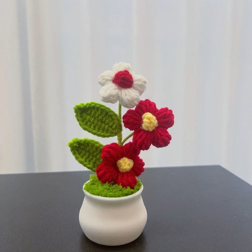 Mini Handwoven Crochet Rose Flower Pot – Decorative Gift